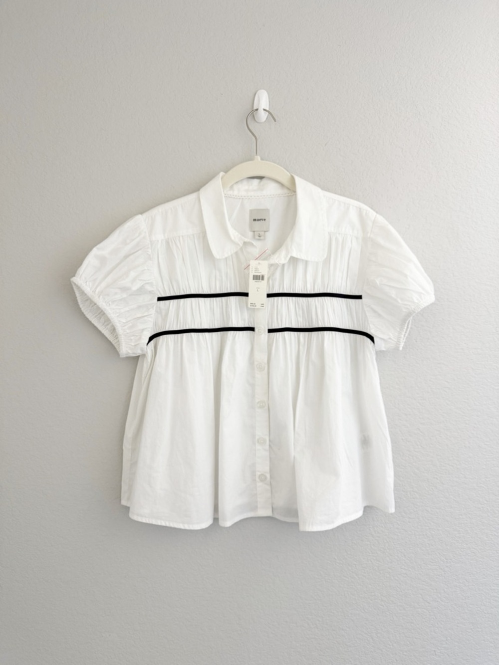 Anthropologie Maeve White Cap Sleeve Shirred Yoke Blouse - Picture 2 of 8